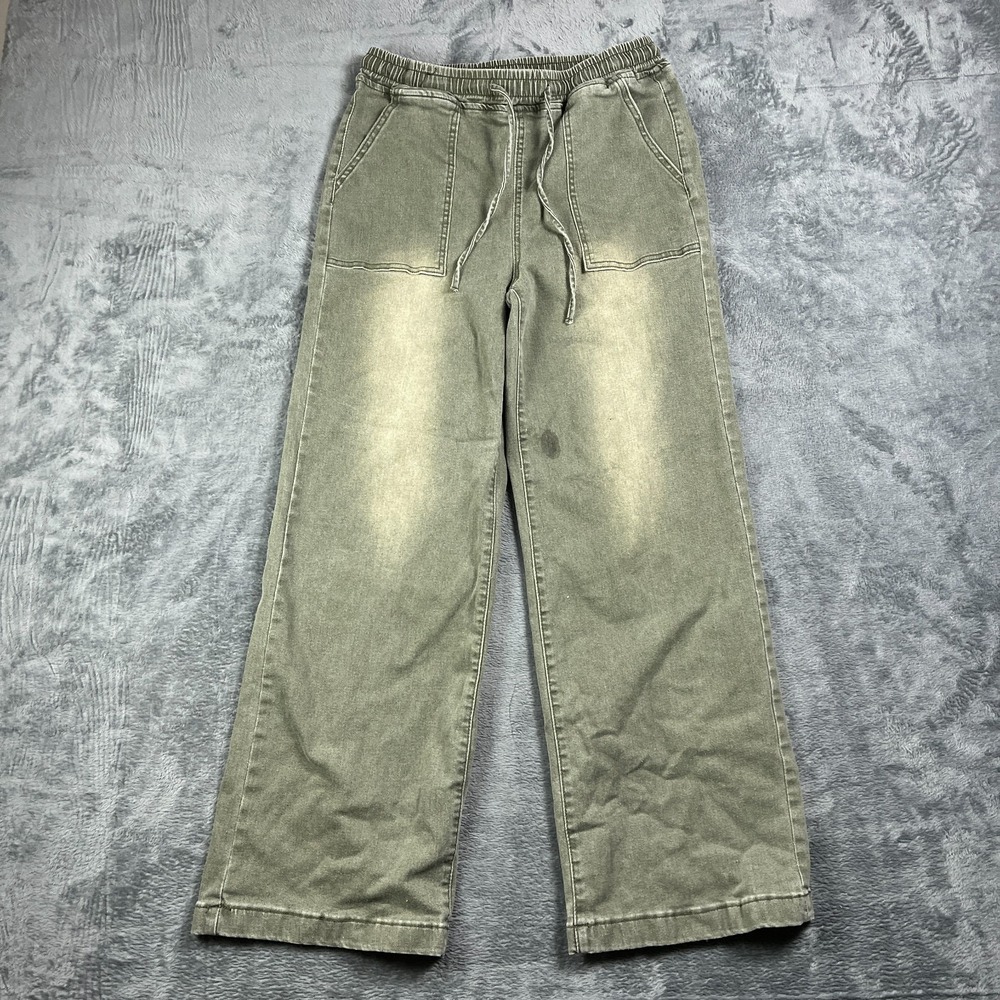 Womens Ankle Pants Large Olive Green Denim Cotton Stretch Relaxed Fit Drawstring